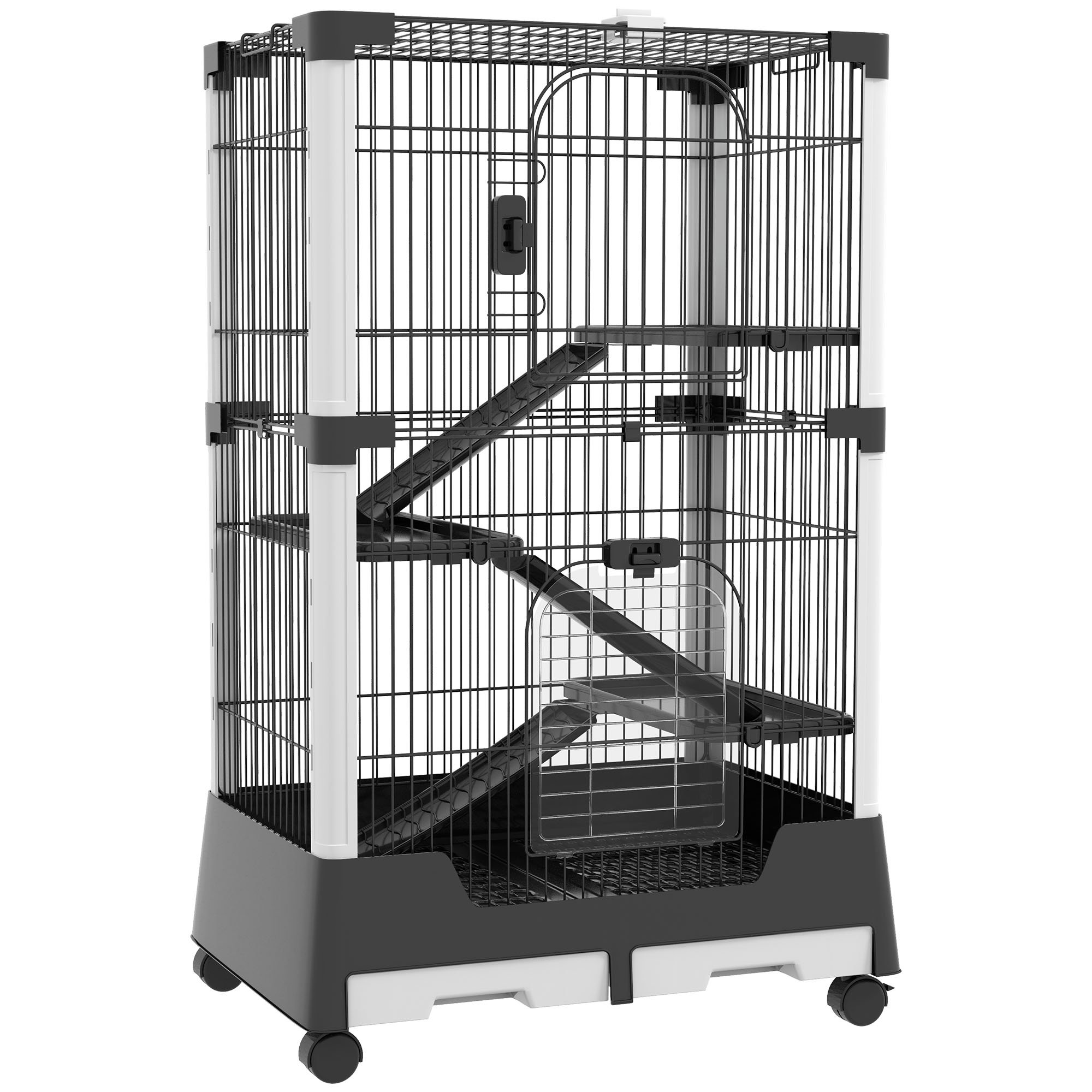 PawHut Jaula para Animales Pequeños con Ruedas 114x75x50 cm Valla para Mascotas con 3 Plataformas 3 Rampas Bandejas Extraíbles para Hurones Conejos