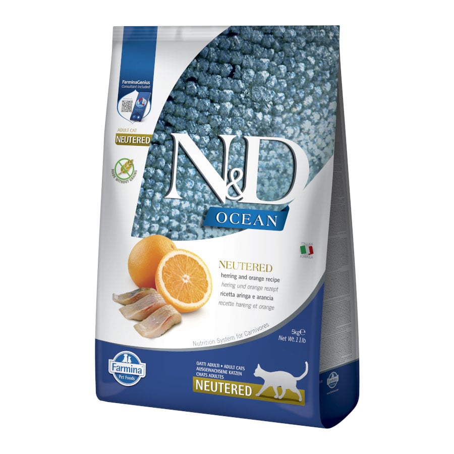 5 KG 5 kg Farmina N&D Ocean Esterilizado Arenque y Naranja pienso para gatos