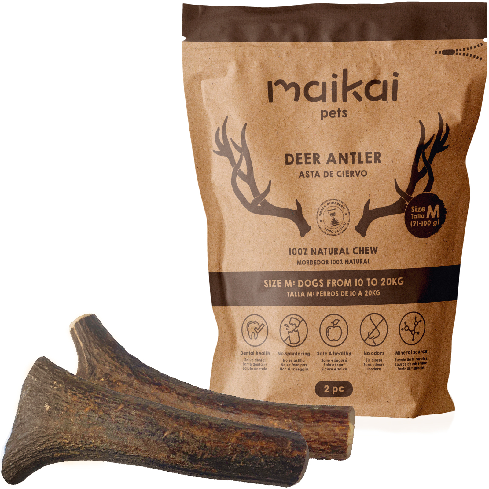 Asta de Ciervo Natural. Talla S - 40-70g x 2 uds. Mordedor y juguete para perros. MAIKAI PETS