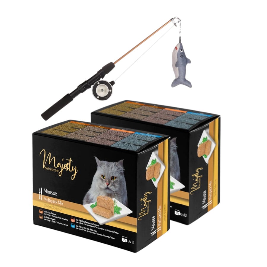 Juguete caña de pescar Flamingo + 24 latas x 85 g Majesty Adult Mousse Mix para gatos ¡Pack Ahorro!
