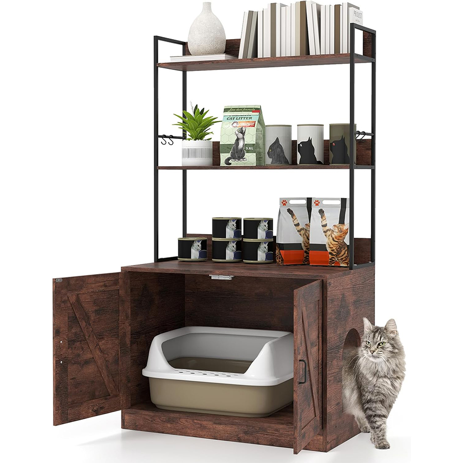 COSTWAY Mueble Arenero para Gatos, Caja de Arena Grande para Tirar Muebles Oculto para Baño con Estantes de 3 Niveles, 4 Ganchos, Armario con 2