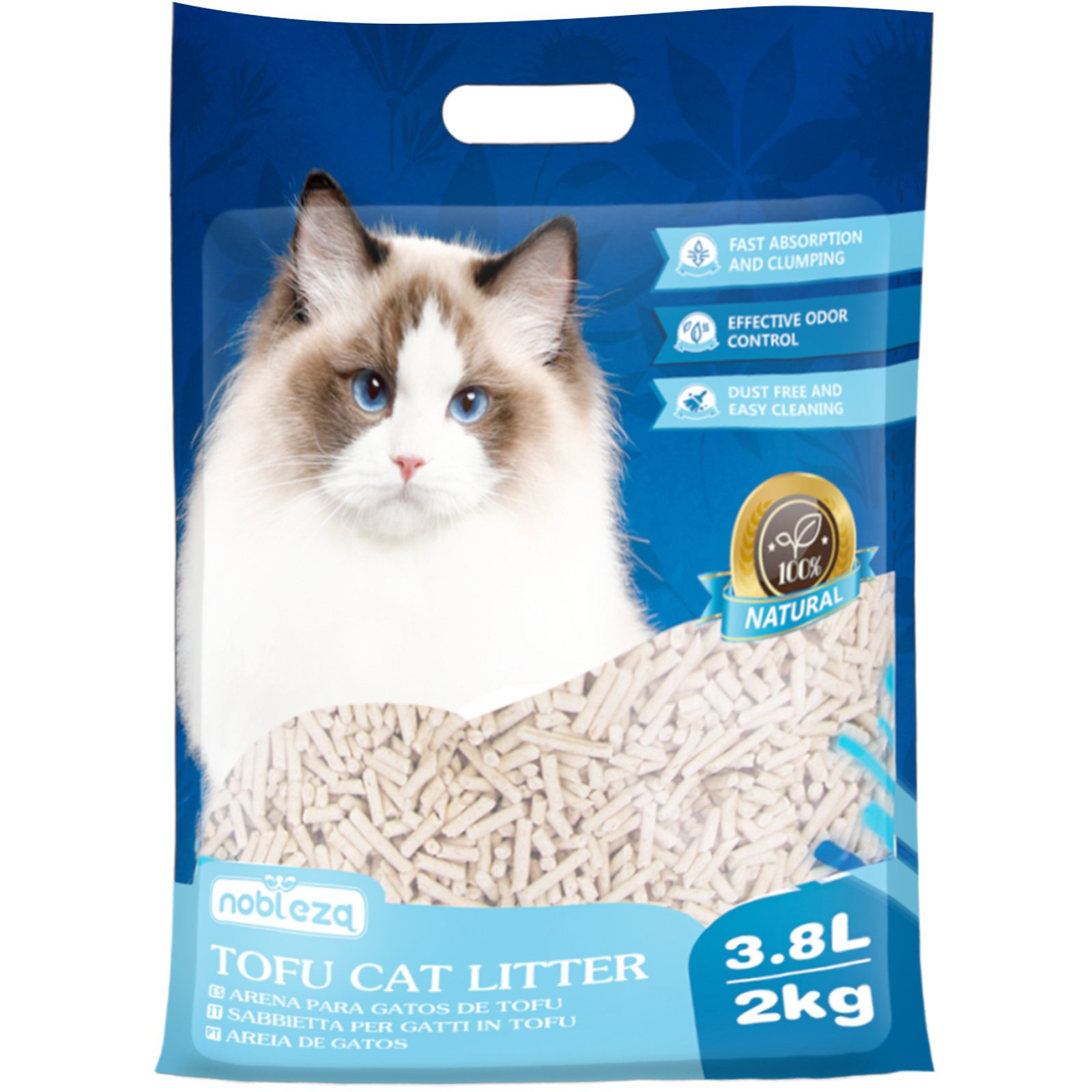 Nobleza Arena para Gatos Vegetal y Aglomerante, 3.8 Litres~ 2KG, Arena de maíz para gatos biodegradable, lecho para gatos libre de polvo