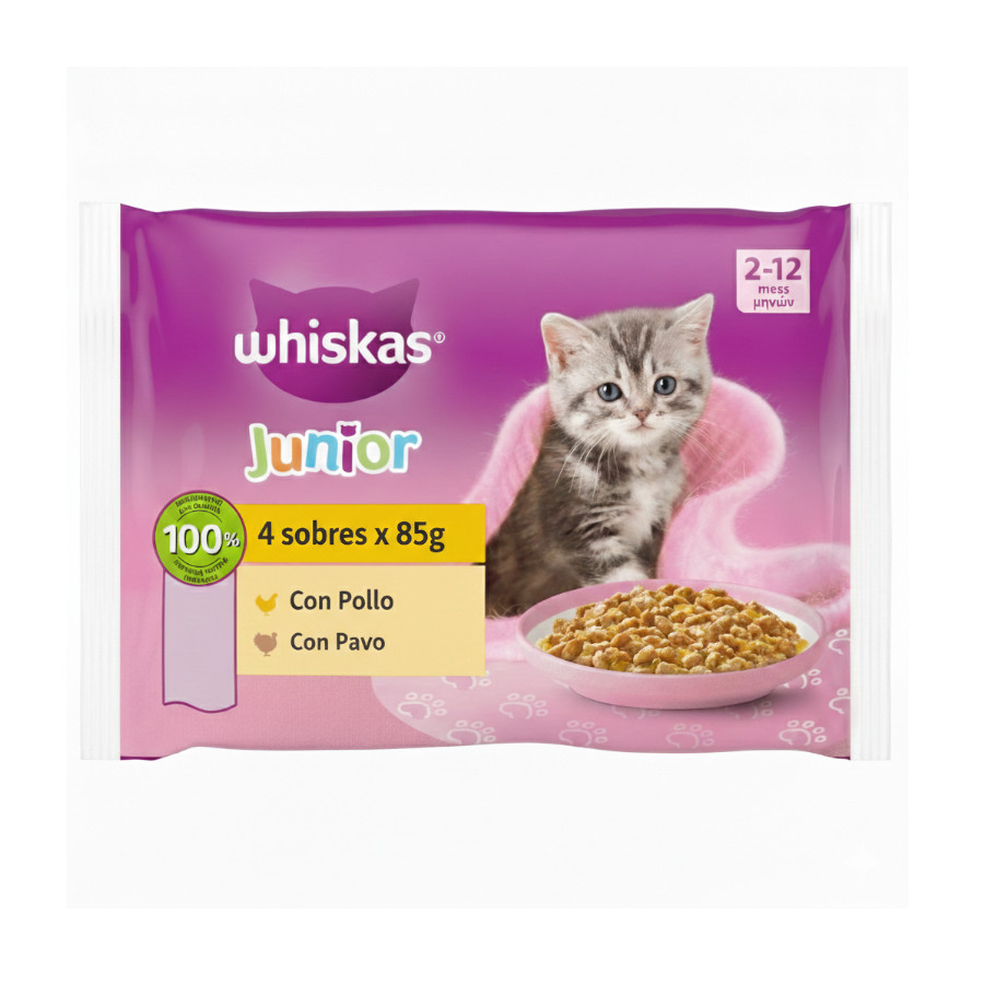 4 sobres x 85 g Whiskas Pure Delight Junior Selección Aves Gelatina en Bolsita para gatos