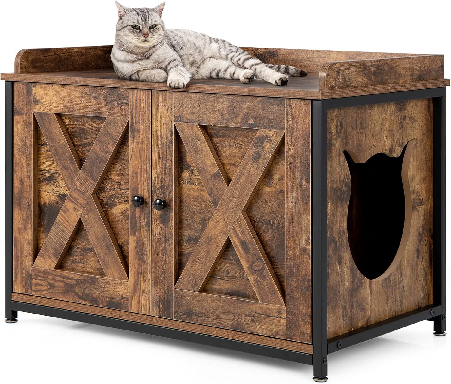 COSTWAY Cajón de Arena para Gatos con Puertas Dobles, Estribos Ajustables, Armario para Gatos con Estructura Metálica, Entrada, Mueble para Gatos,
