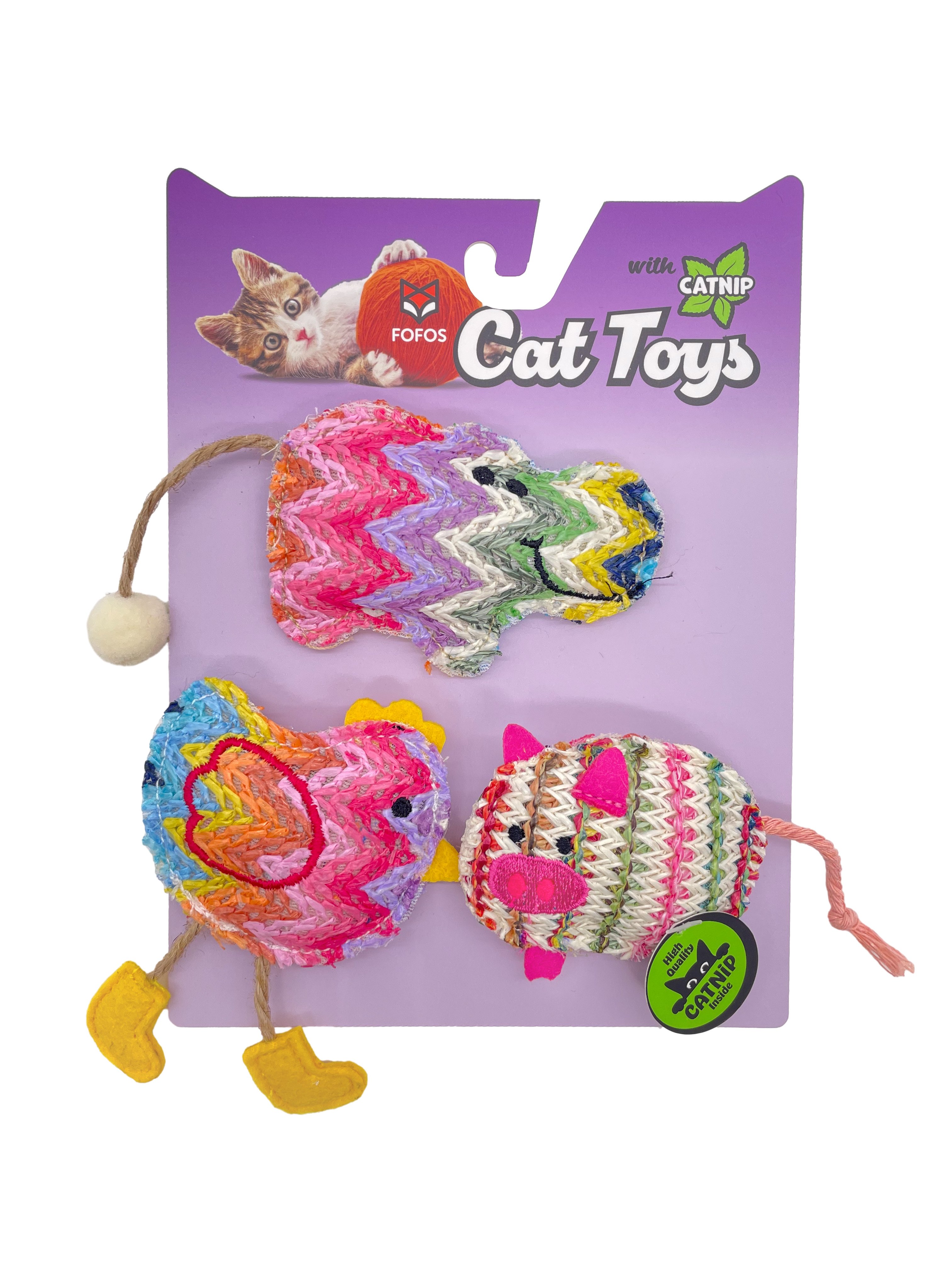 FOFOS | Set de Juguetes Naturales de 3 Piezas con Catnip (Gallina, Ratón y Cerdito) - Para Gato