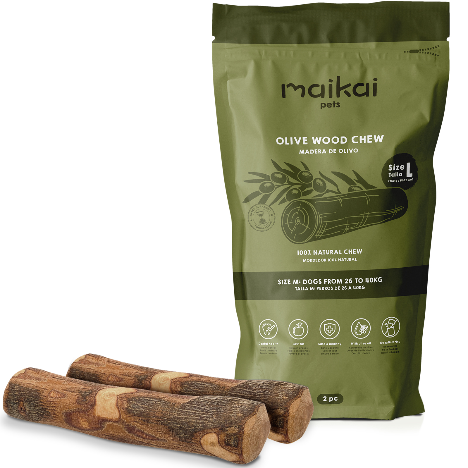 MAIKAI Palo Madera de Olivo – Pack 2 uds – Mordedor Natural para Perros – Alternativa a Huesos – Alivia la Ansiedad – Elimina Sarro