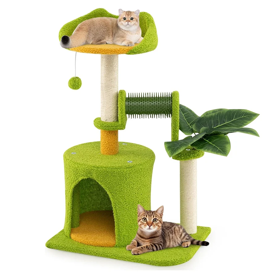 COSTWAY Árbol para Gatos de Bosque, Torre con Condominio, Percha, Postes de Sisal, Cepillo y Pompón, Centro de Actividades con Hojas Artificiales,