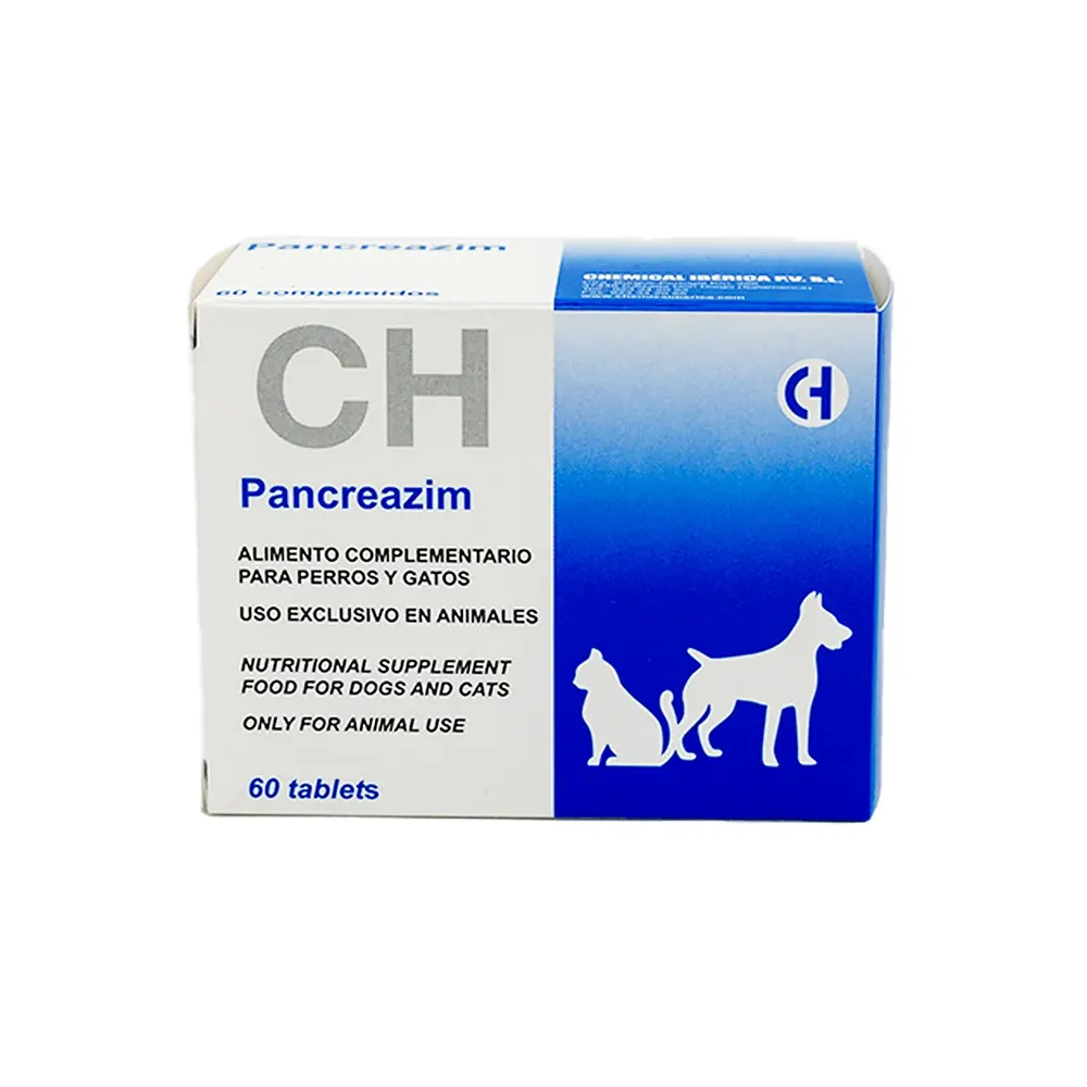 Pancreazim 60 comprimidos suplemento de enzimas pancreáticas utilizado para mejorar la digestión de perros y gatos Chemical Ibérica