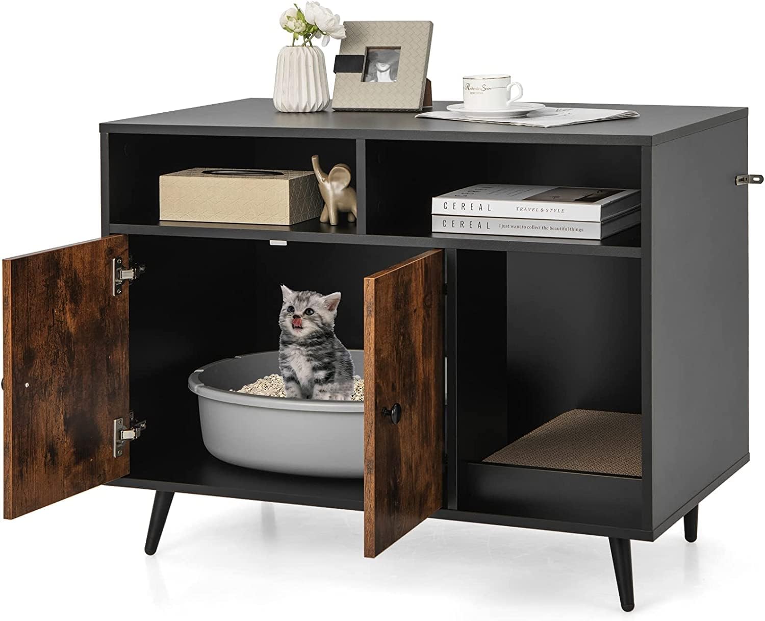 COSTWAY Caja de Arena para Gatos con Tabla para Rascar, Patas de Metal Inclinadas, Mueble para Gatos como Mesa Auxiliar con 2 Estantes de