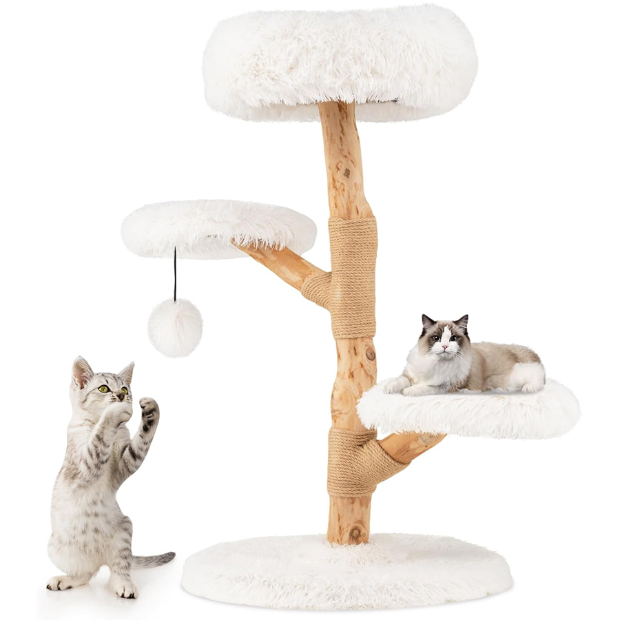 COSTWAY Rascador para Gatos, Árbol para Gatos de Madera, Torre para Gatitos con Tronco de Peral Sólido con Plataforma, Centro de Actividades Moderno
