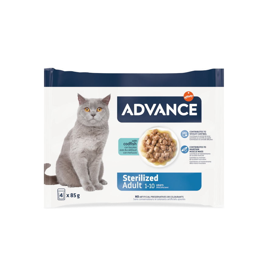 4 sobres x 85 g Advance Sterilized Adult Bacalao sobres para gatos ¡Pack ahorro!