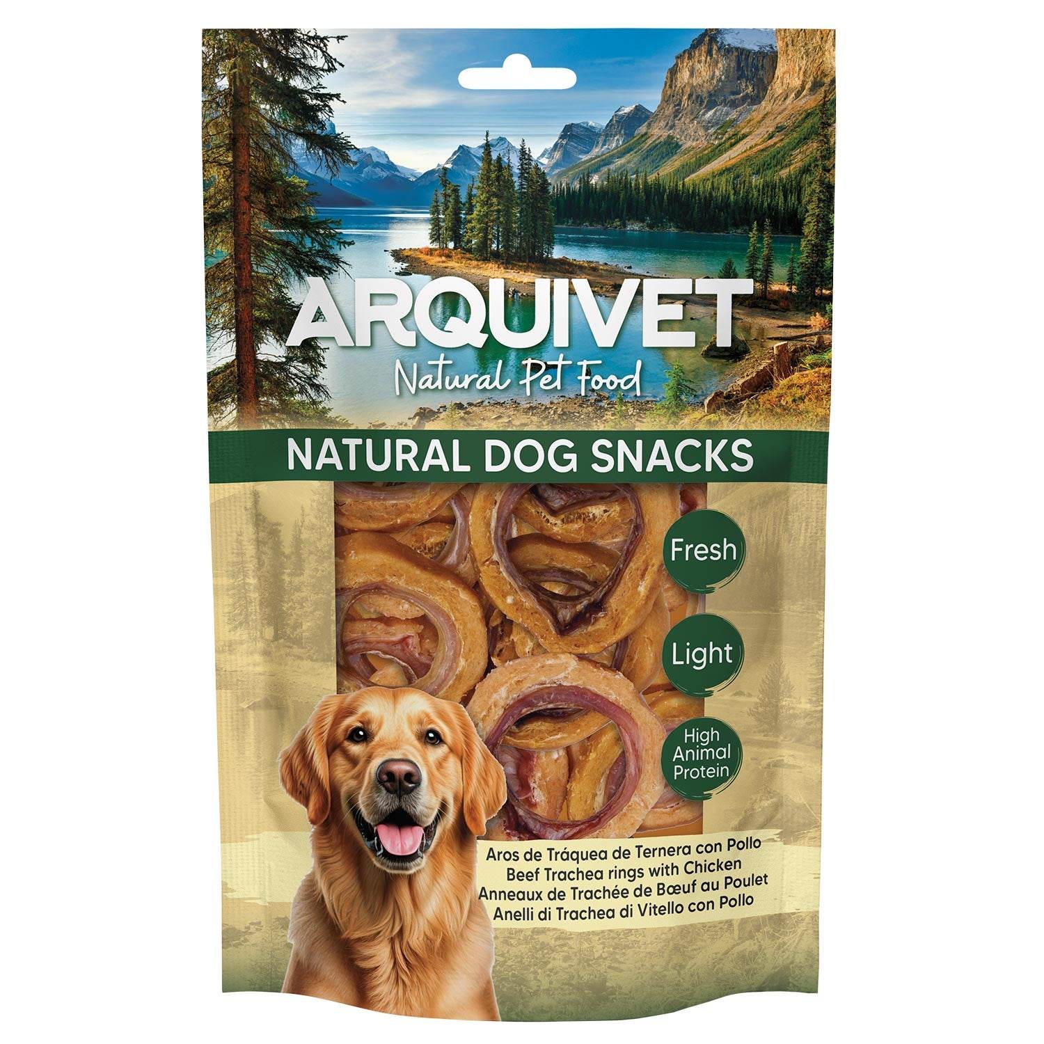 Snacks para perro (Pack de 12) - Aros de tráquea de ternera con pollo 100gr, Natural Dog Snacks - Arquivet