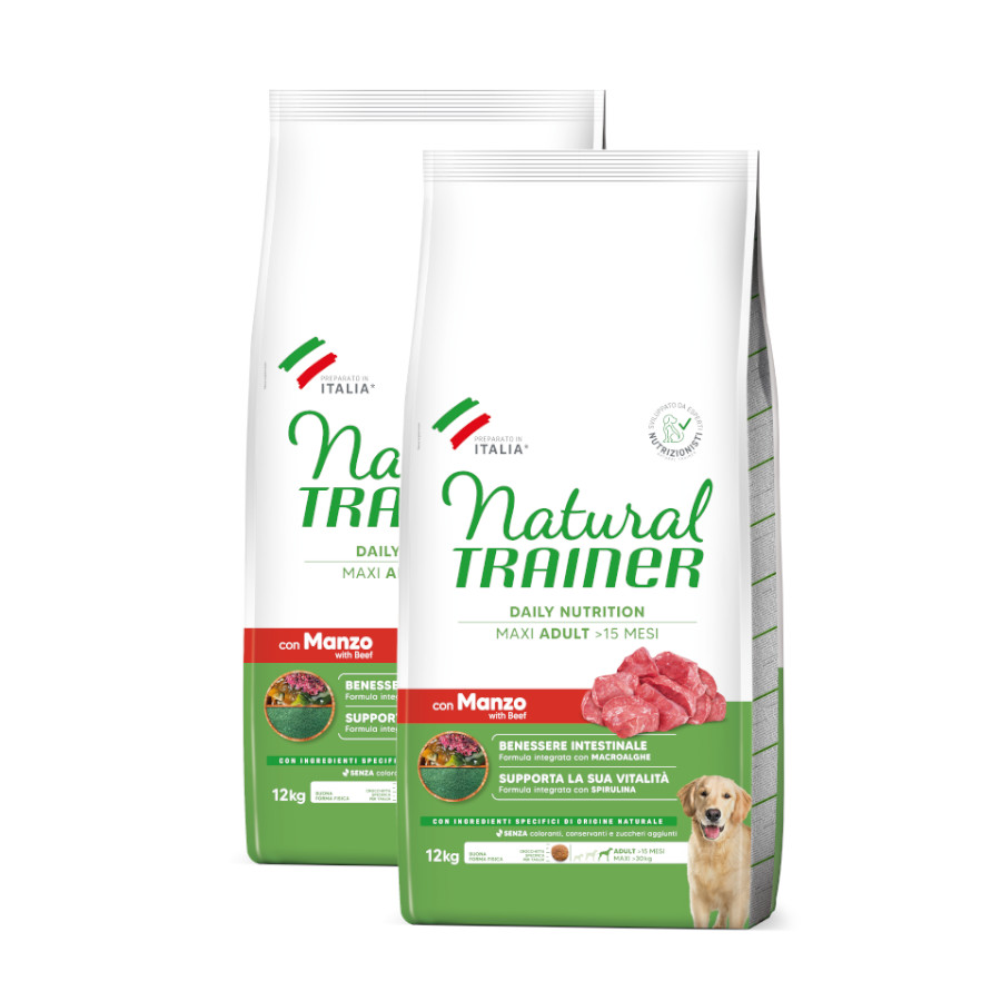 2 x 12 kg Natural Trainer Adult Maxi Buey y Arroz pienso para perros ¡Pack ahorro!