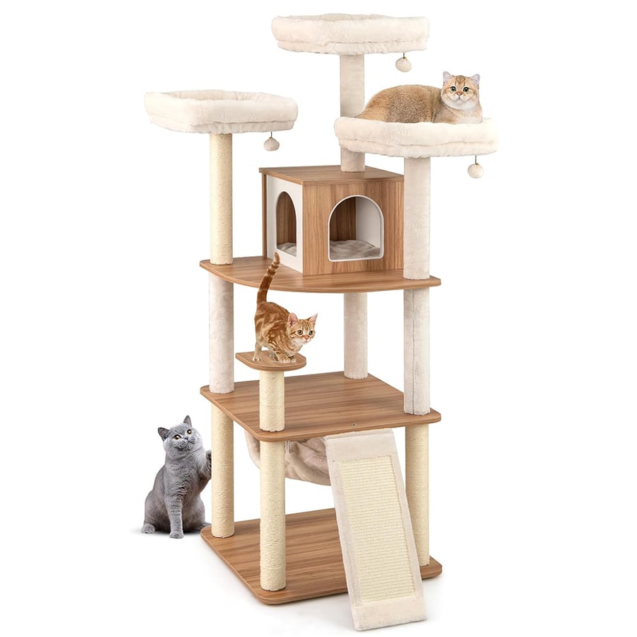COSTWAY Rascador para Gatos de 168 cm, Árbol para Gatos con 3 Perchas Acolchadas, Postes Rascadores de Sisal, Bolas, Cojines Lavables, Mueble