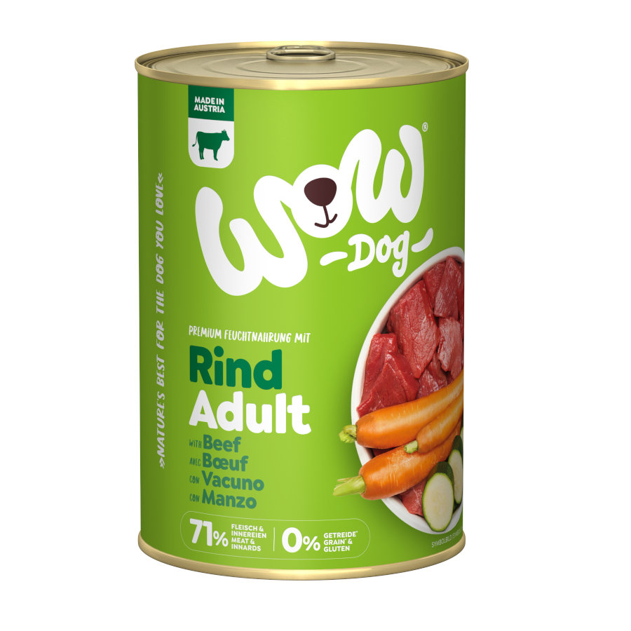 12 latas x 400 g Wow Food Adult Vacuno lata para perros ¡Pack ahorro!