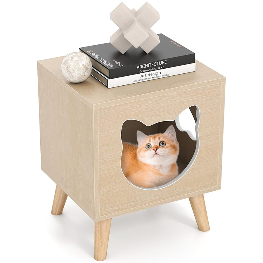 COSTWAY Mueble Arenero para Gatos Medianos, 45 x 40 x 54 cm, Cajas de Arena para Gatos con Tapa Desmontable, Agujero y Ventana, Patas de Madera, Mesa
