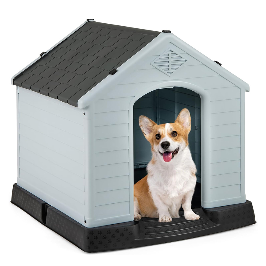 COSTWAY Casa de Plástico para Perros, Caseta Impermeable con Suelo Elevado y Válvulas de Aire, Ideal para Perros Pequeños y Medianos, Interior y