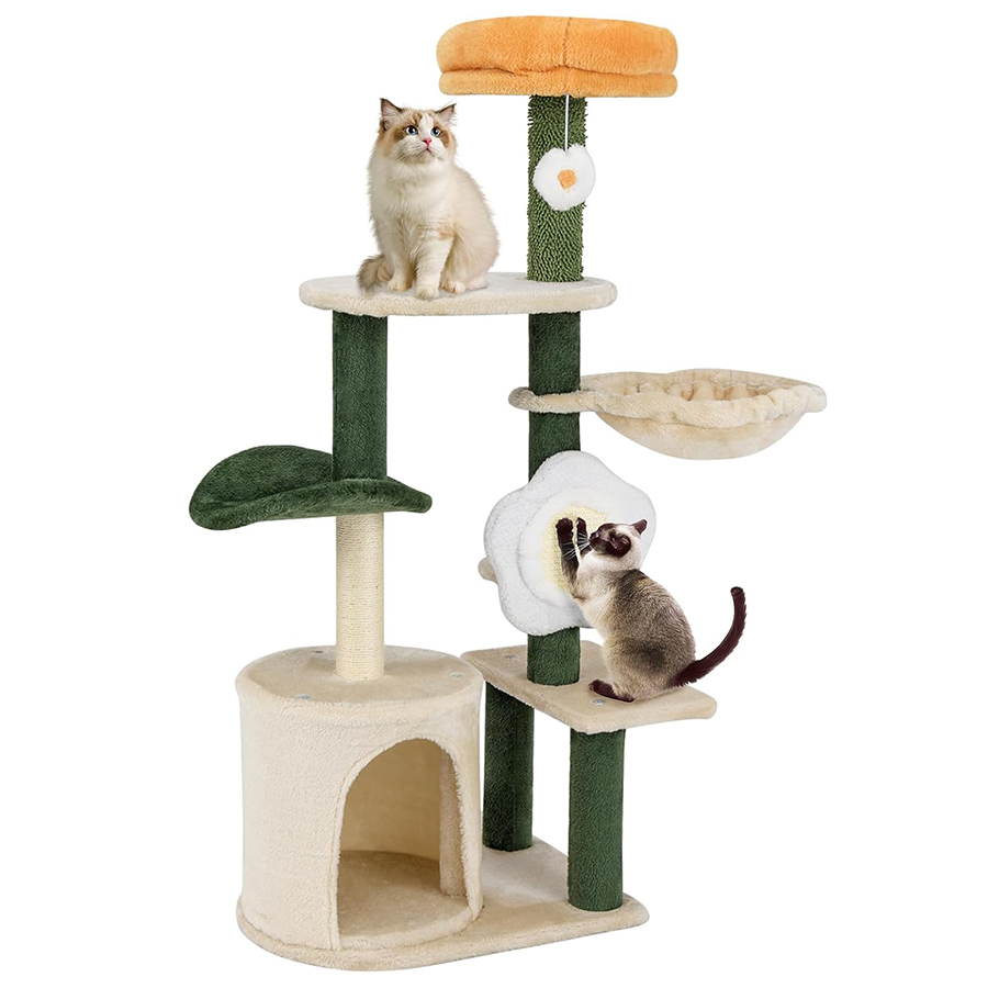 COSTWAY Rascador para Gatos en Forma de Flor, Árbol para Gatos 114cm con Percha Acolchada, Poste y Tablero Rascador de Sisal, Bola Colgante, Hamaca,