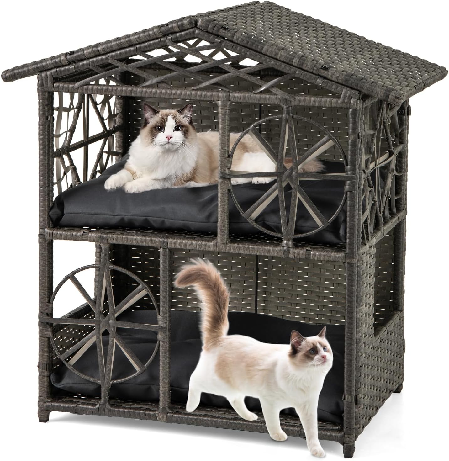 COSTWAY Casa para Gatos de Exterior con Ratán PE, Condominio Elevado de 2 Niveles con 2 Cojines Extraíbles y Ventanas, Refugio para Mascotas con Techo