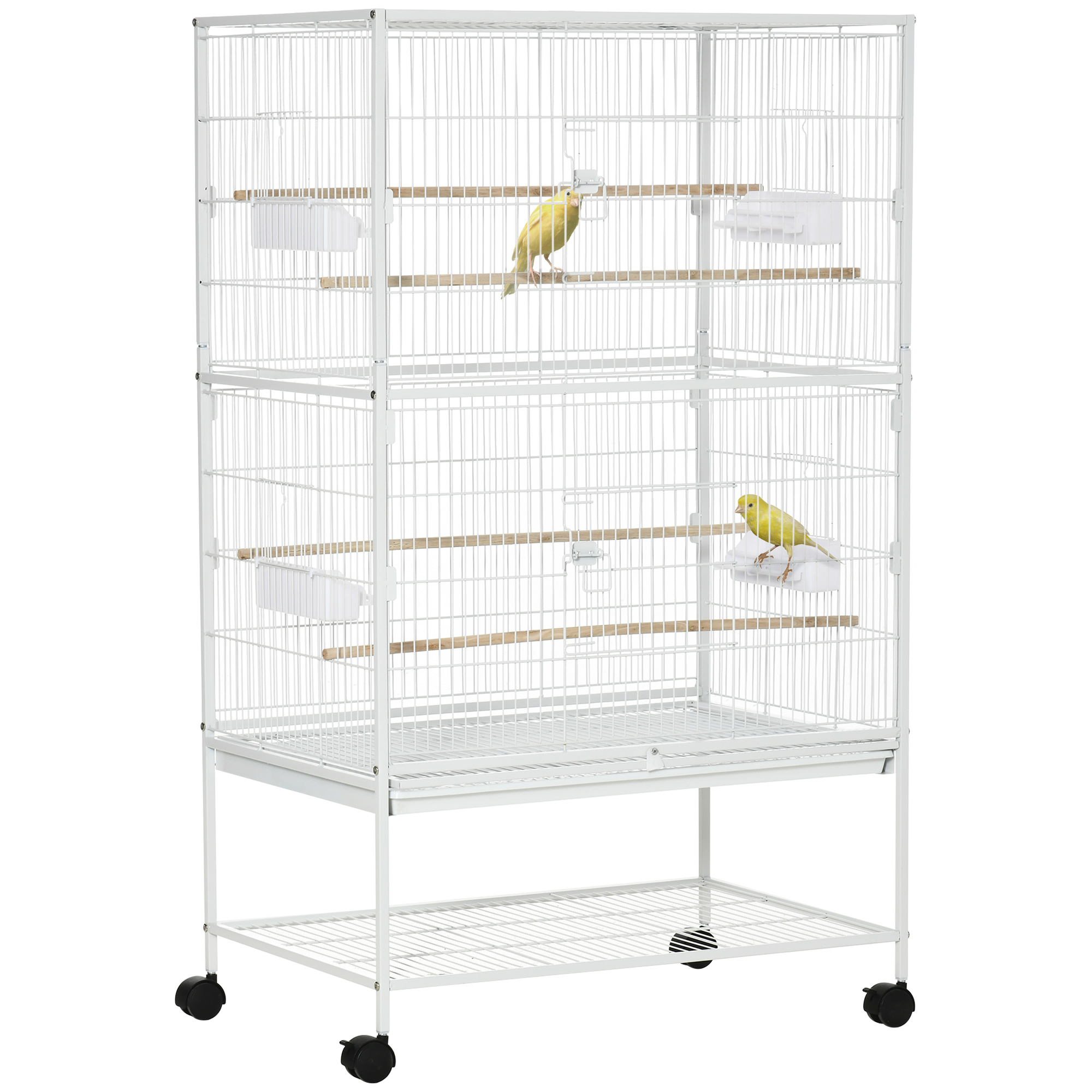 PawHut Jaula para Pájaros con Ruedas 78x52x132 cm Pajarera Metálica con Bandeja Extraíble 4 Puertas 4 Comederos 4 Perchas y Estante de Almacenaje para
