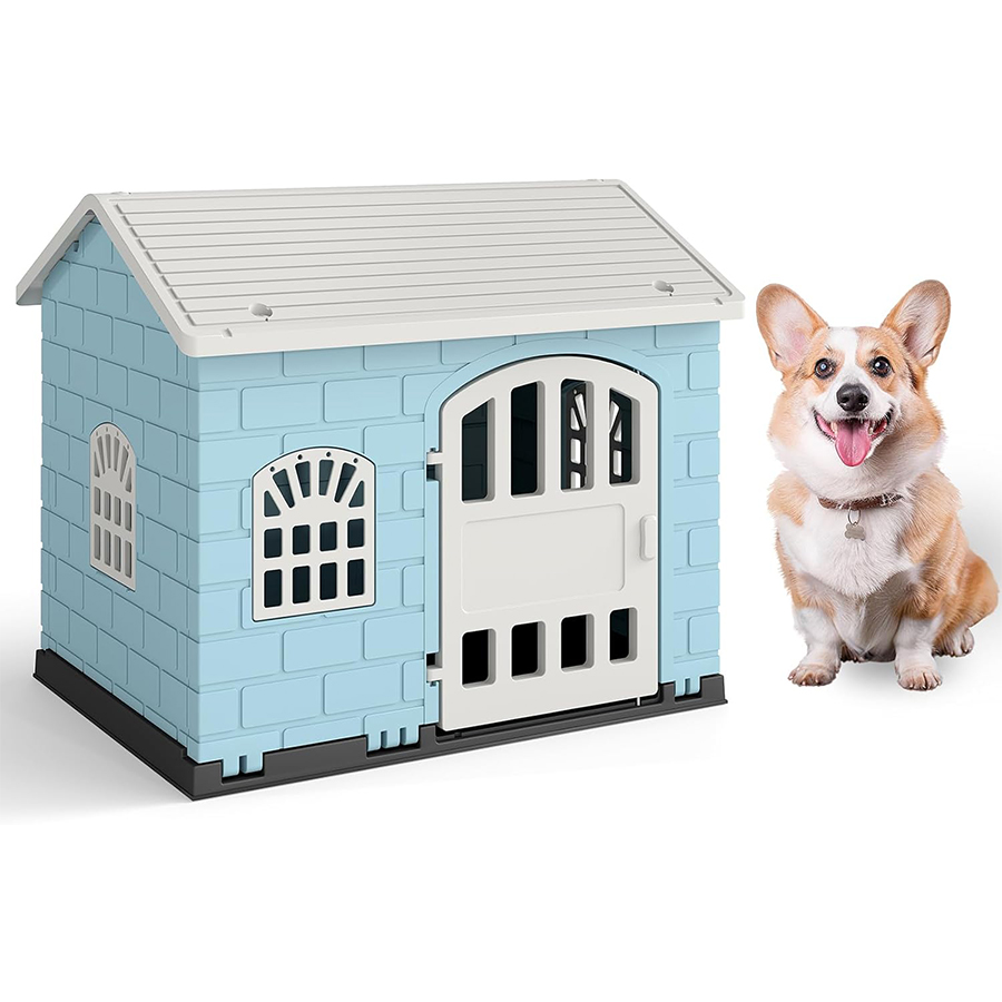 COSTWAY Caseta Perros de Plástico, Refugio para Mascotas con Puerta Bloqueable, 3 Ventanas, Techo Inclinado y Base con Orificios de Drenaje, Jaula