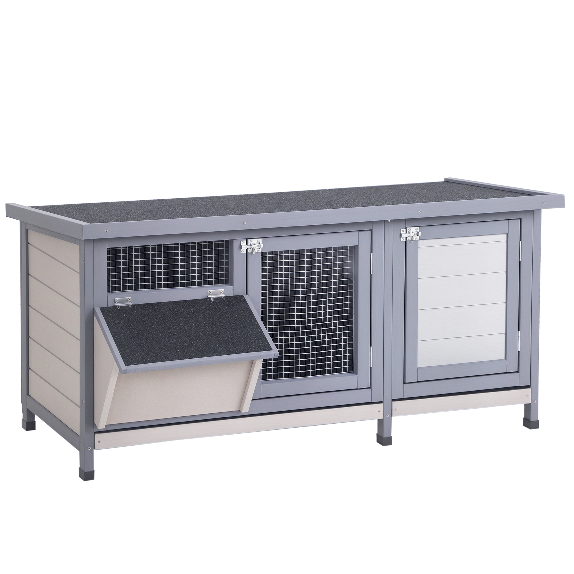 PawHut Conejera de Madera, Jaula para Conejos con Techo Asfáltico Abatible, Puertas con Pestillo, Bandejas Extraíbles y Comedero, Conejera para