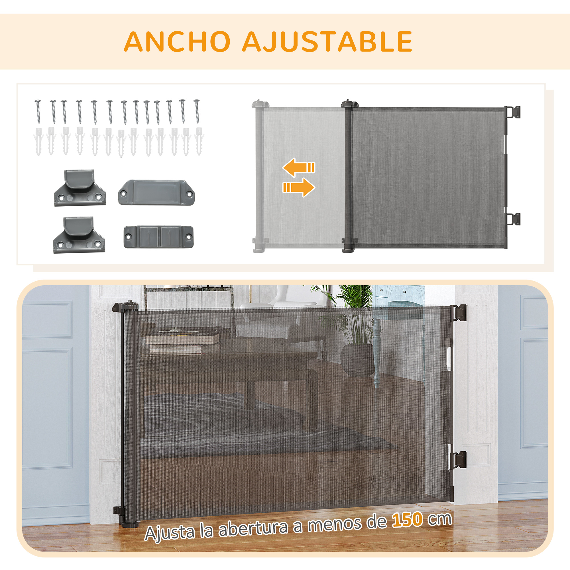 🐾 PawHut Puerta Retráctil Extensible Para Perros Pequeños – De 0 A 150 Cm – Barrera Para Escaleras, Pasillos Y Puertas – Aluminio Y Malla