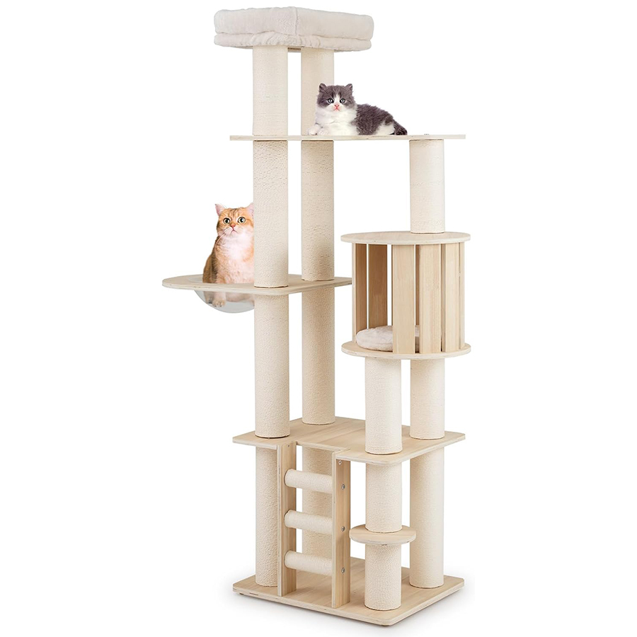 COSTWAY 185 CM Árbol Rascador para Gatos de Madera, Torre Rascador Multinivel para Gatitos Sólida con Condominio, Percha, Postes Rascadores, Escalera,