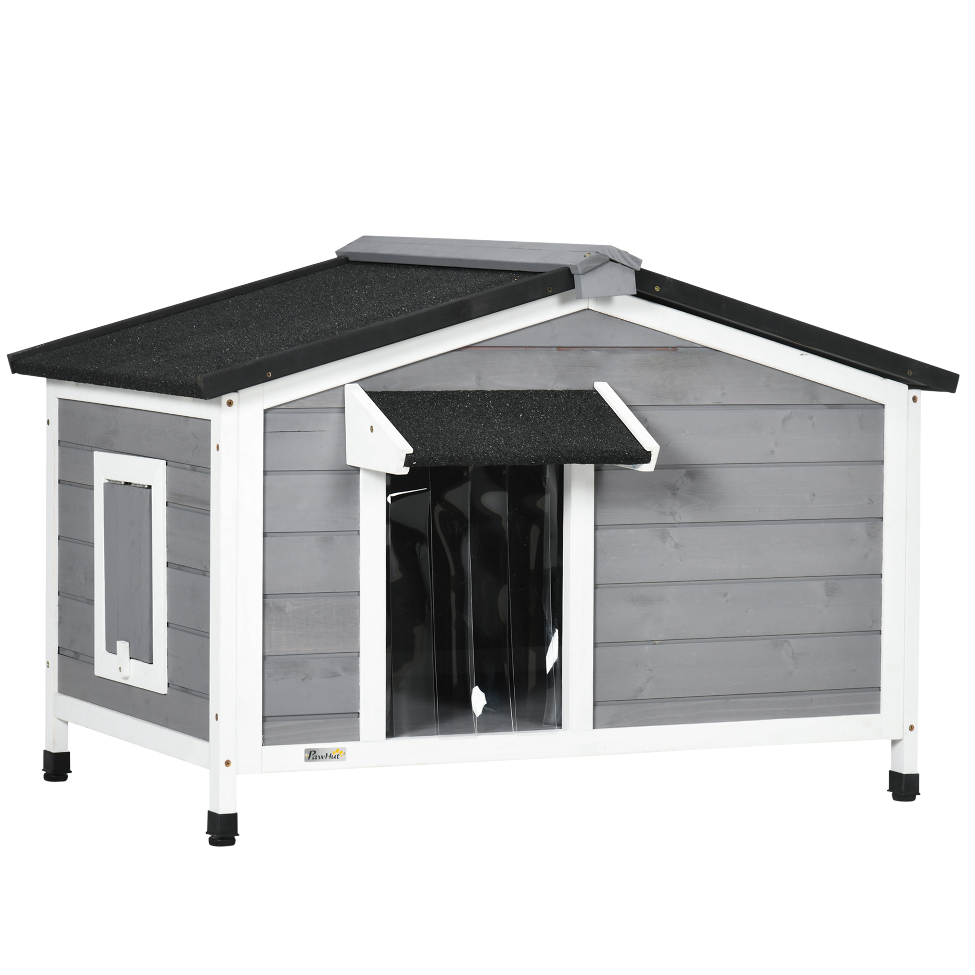 PawHut Caseta para Perros de Madera 97x72x65 cm Casita para Mascotas con Techo Asfáltico Abatible 2 Ventanas Puerta con Cortina y Base Extraíble Gris.