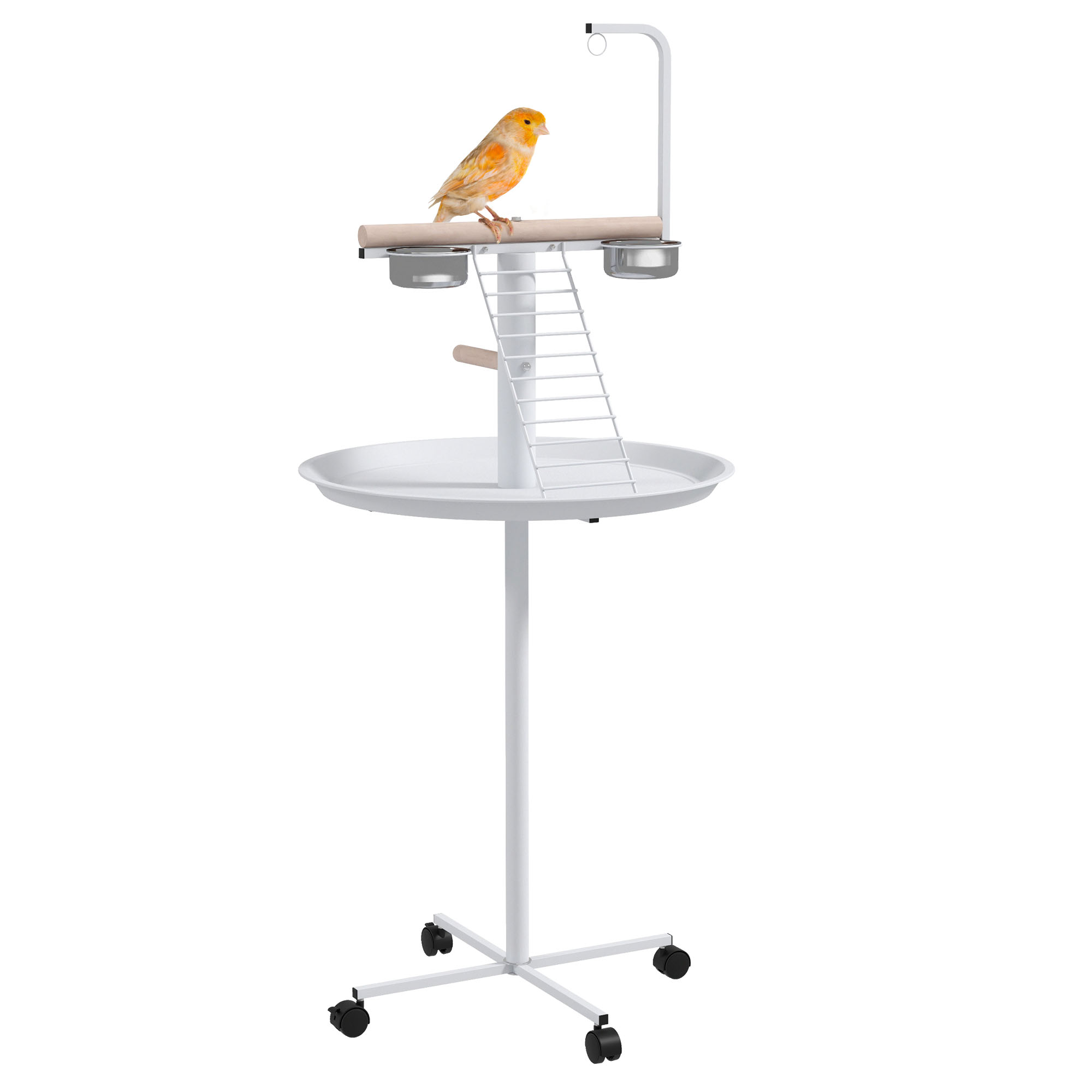 PawHut Comedero de Pájaros para Exterior con Ruedas Ø60x138 cm Comedero para Pájaros de Pie con 2 Cuenco de Acero Inoxidable y 2 Perchas para Jardín