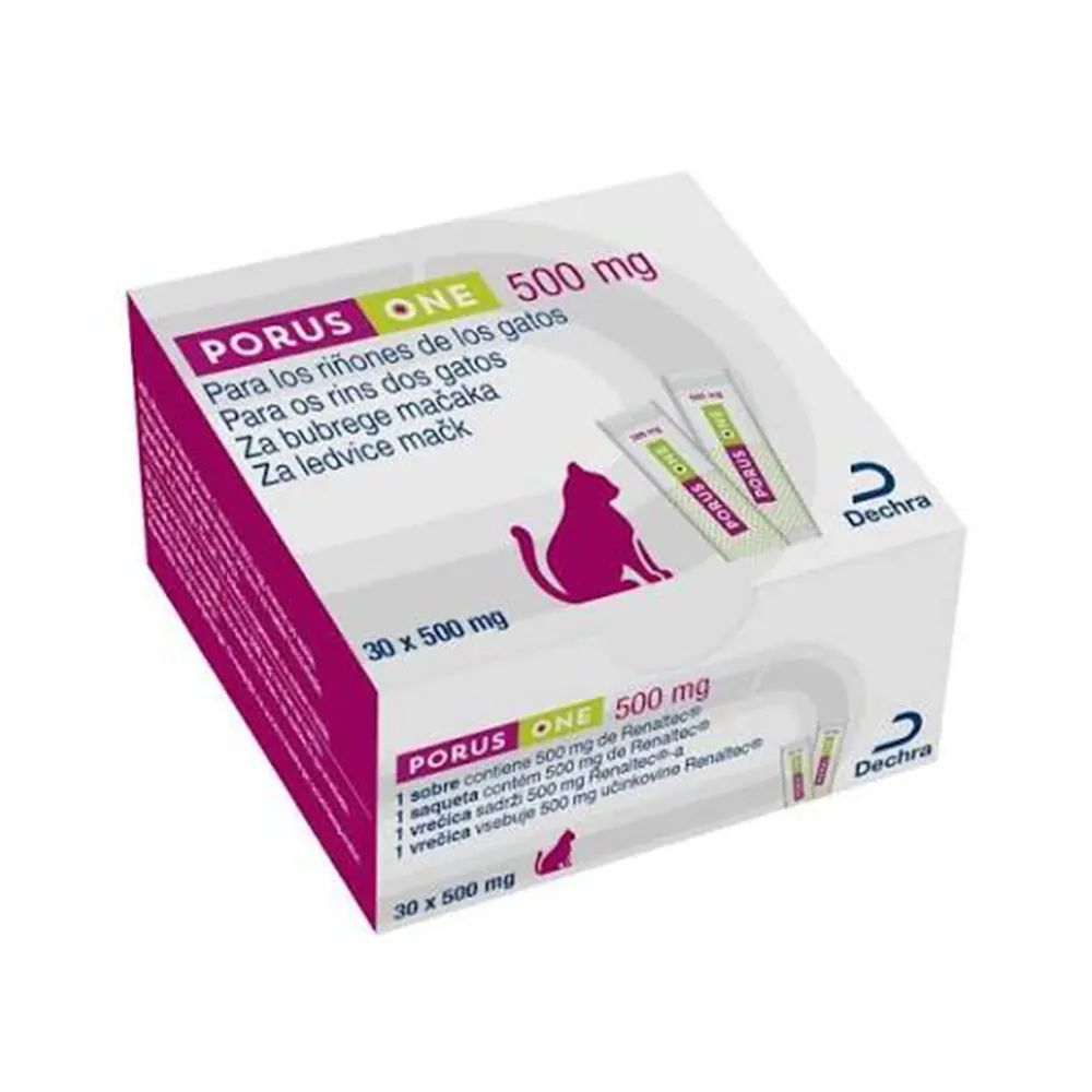 PORUS ONE 30 sobres de 500 mg suplemento renal para gatos que ayuda a eliminar toxinas urémicas y protege la función de los riñones Dechra