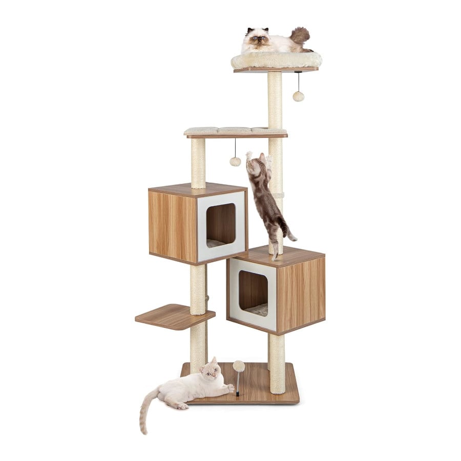 COSTWAY Árbol para Gatos de Madera Moderno para Interiores, Torre de Gatos de 163 cm de Altura con Postes para rascar de sisal, Cojines Lavables,