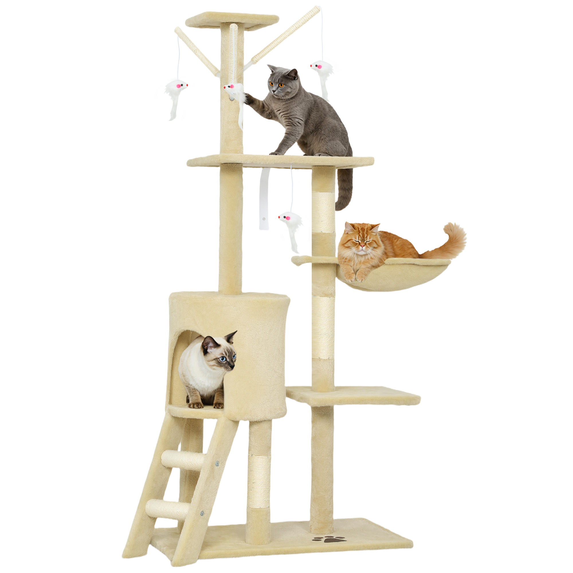PawHut Árbol Rascador para Gatos Grande, Árbol para Gatos, Altura 134 cm, Torre de Escalada con 6 Postes de Sisal, 3 Plataformas, 1 Cueva, 1 Hamaca, 1