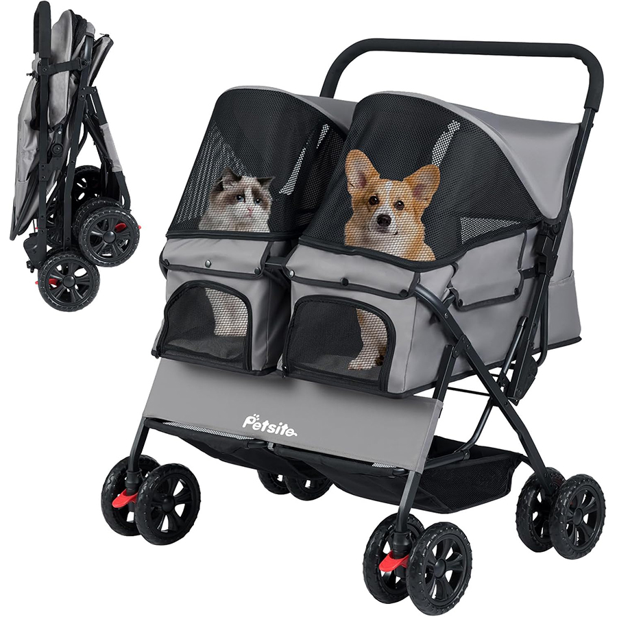 COSTWAY Carrito para Perros Doble, Cochecito Plegable para Perros con 2 Portabebés, Sombrilla Ajustable, Almohadilla Extraíble, Cinturón de Seguridad,