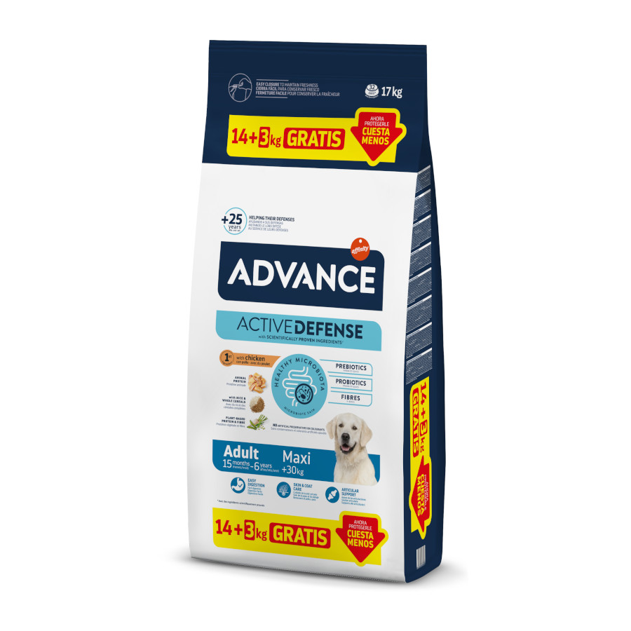 17 KG 17 kg (14 + 3 kg ¡gratis!) Advance Active Defense Maxi Adult pollo y arroz pienso para perros