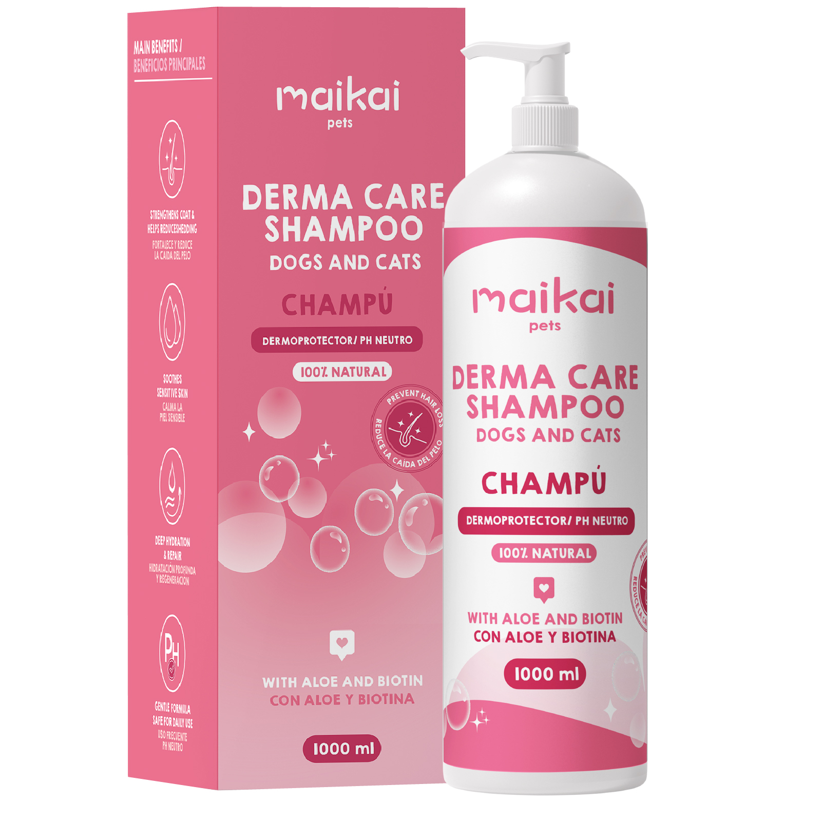 MAIKAI Champú Natural para Perros y Gatos con Aloe Vera y Biotina – Piel Sensible, Calmante e Hidratante 1000 ml