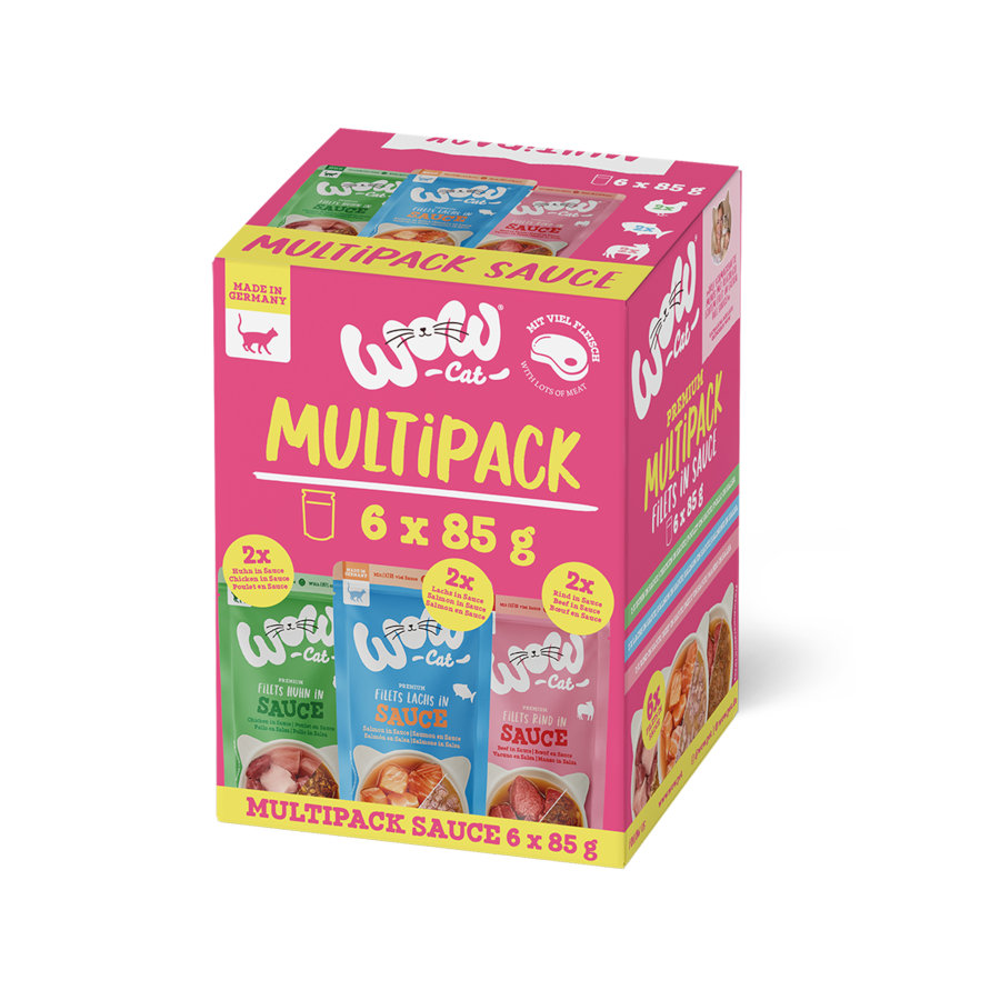 Wow – Comida húmeda para gatos adultos Wow multipack pollo, ternera y salmón en salsa 6 x 85 g. 510 g