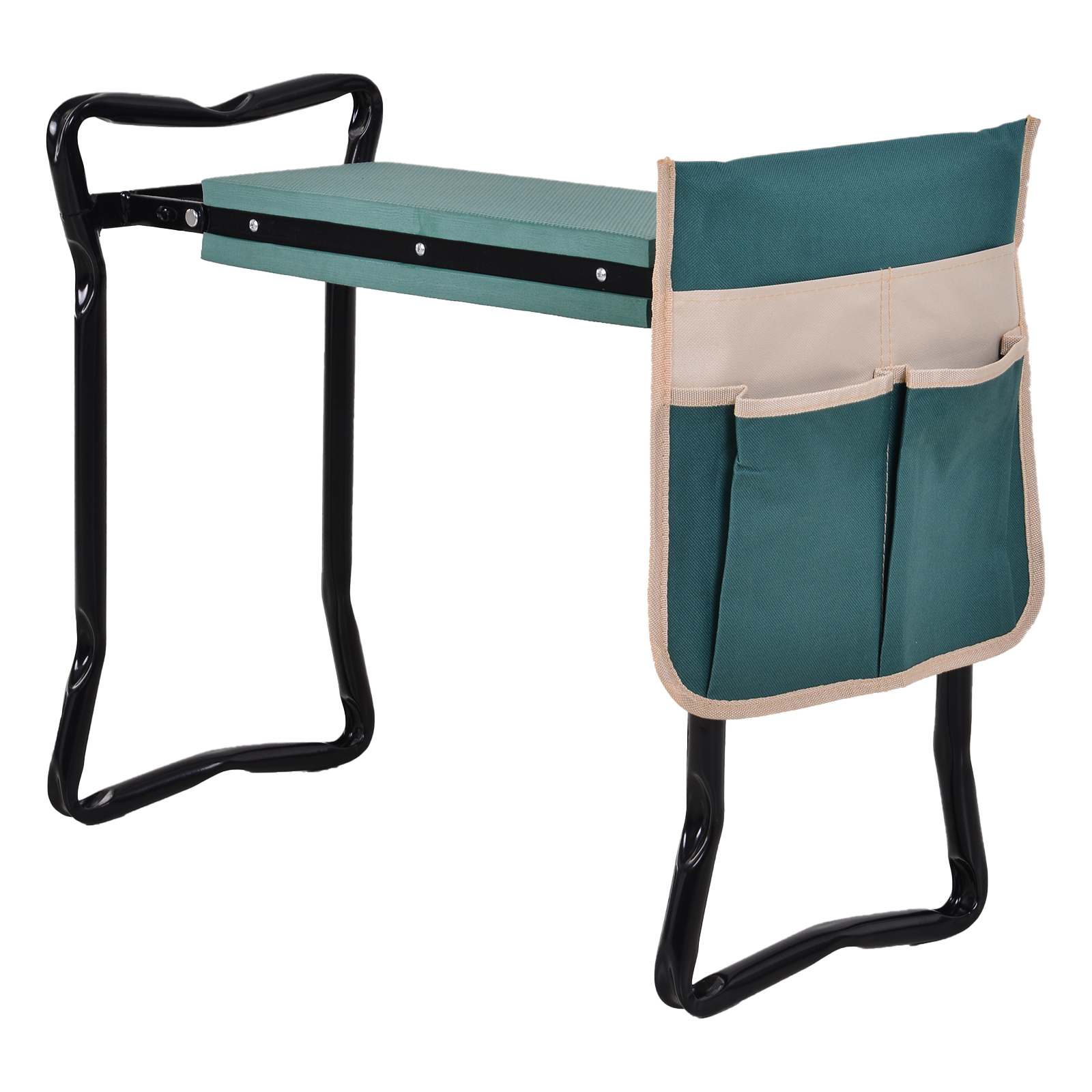 Outsunny Taburete de Jardín Plegable con Bolsa para Herramientas Protección Cojín Rodillas Asiento de Jardín con Almohadilla Altura Ajustable Soporta