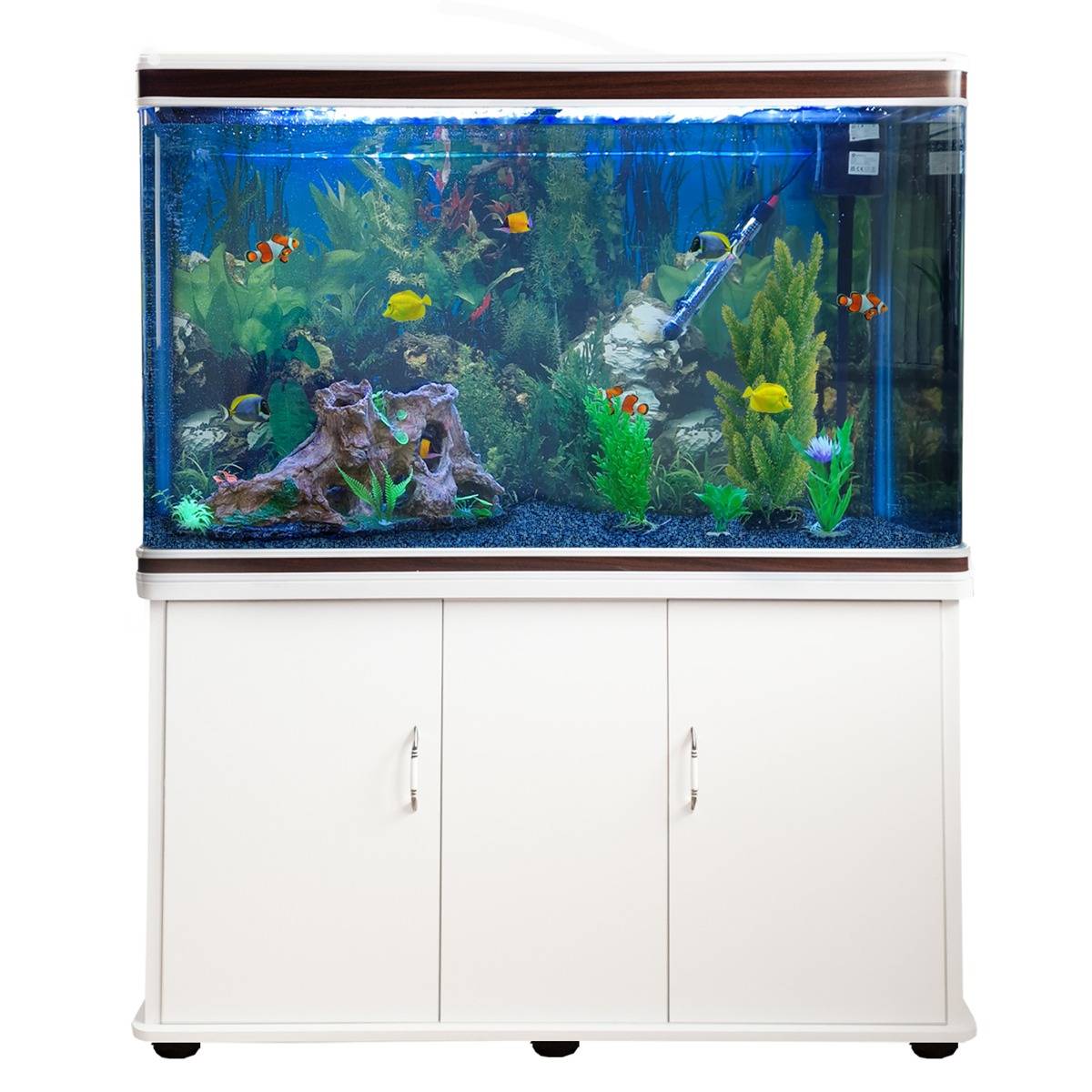 Acuario de 300L con Mueble Blanco, Accesorios y Grava Azul