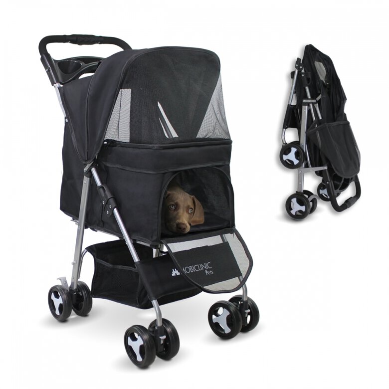 Mobiclinic Carrito para perros Ruedas con freno y 360º 3 accesos Con toldo Cesta almacenaje y portavasos Negro