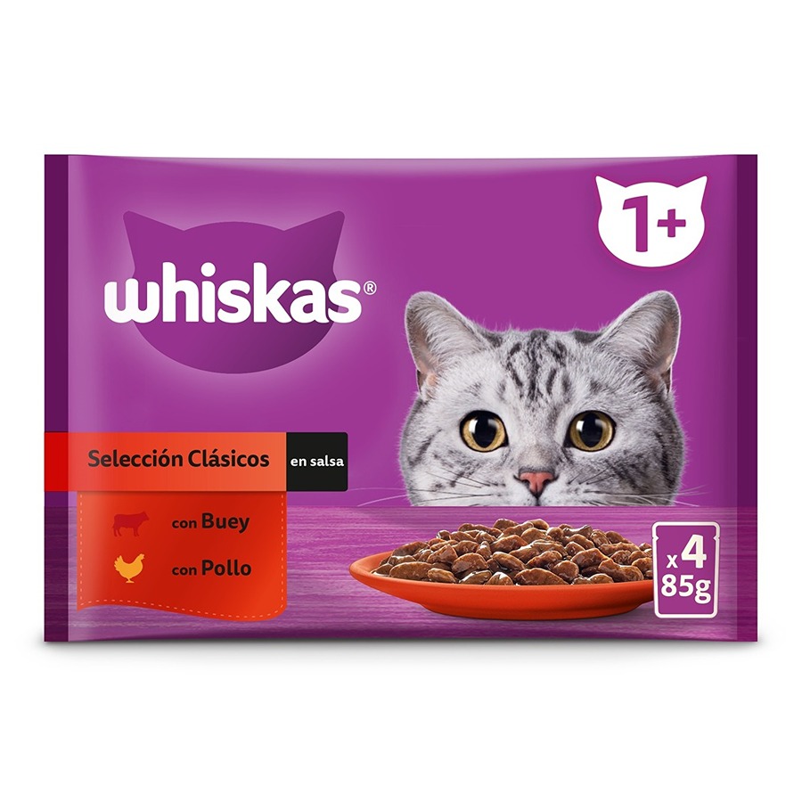 Whiskas – Comida húmeda para gatos + 1año Whiskas Selección carnes 4 x 85 g.