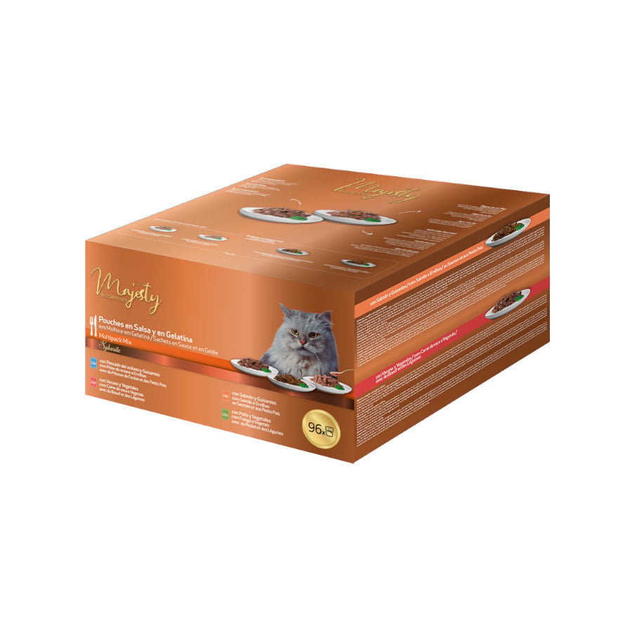 96 sobres x 100 g Majesty Multipack Sobres Gelatina y Salsa Mix Pescado y Carne para gatos