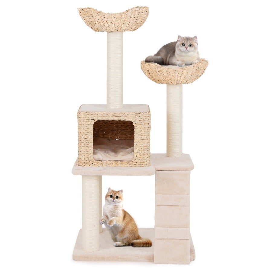 COSTWAY Árbol para Gatos, Torre de Totora de 122 CM con Postes de Rascado de Sisal, Percha, Condominio, Cama en Canasta, Escalera, Cojines Lavables,