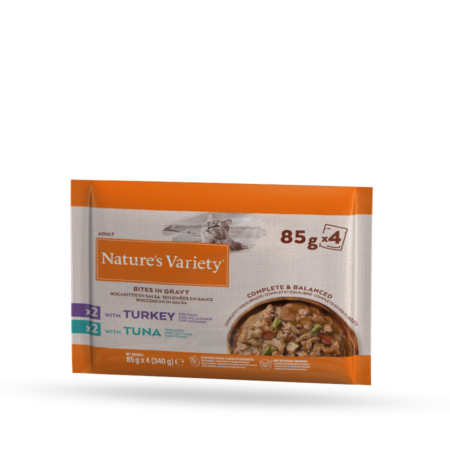 24 sobres x 85 g Nature’s Variety Bocaditos de Pavo y Atún Sobre en Salsa para gatos ¡Pack ahorro!