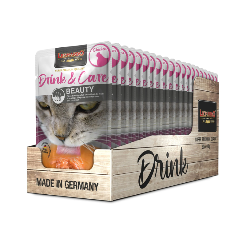 Pack 20X40 Gr – Leonardo Drink & Care Beauty Sopa con Pollo en Sobres para Gatos – Alimento complementario para gatos adultos – Promueve la ingesta de