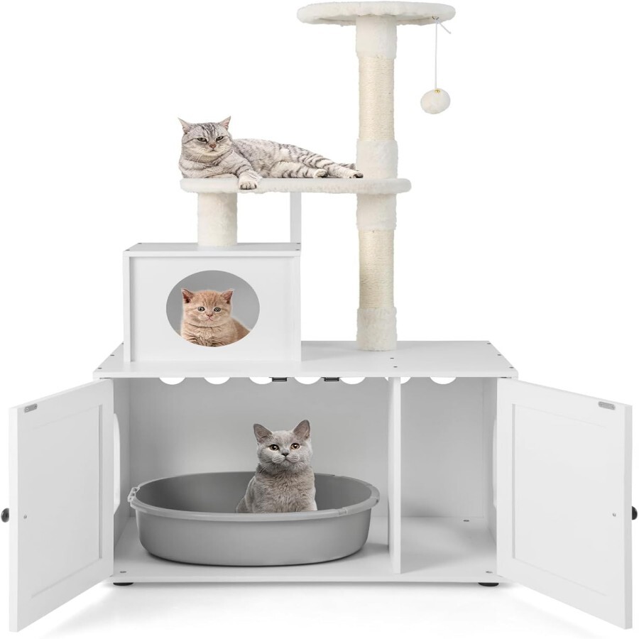 COSTWAY Casa de Madera para Gatos, con Torre Rascadora y Caja de Arena, Todo en 1, con Escondite y División, Mueble para Gatos en Interiores (Blanco)