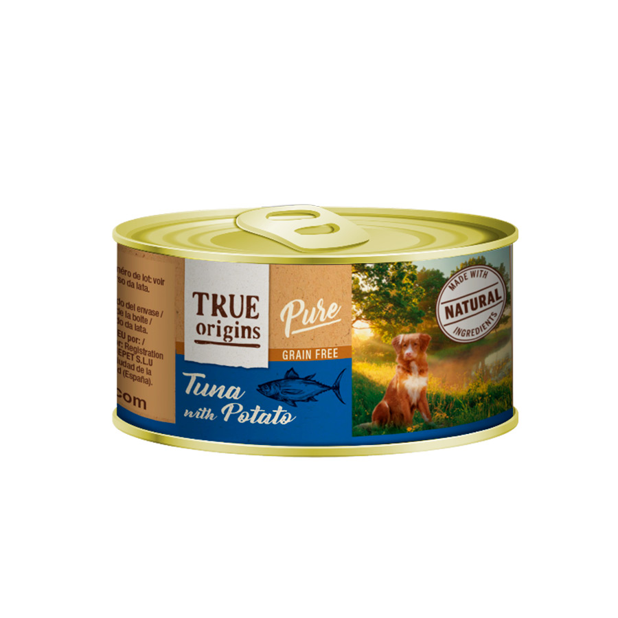 12 latas x 185 g True Origins Pure Atún y patata lata para perros ¡Pack ahorro!
