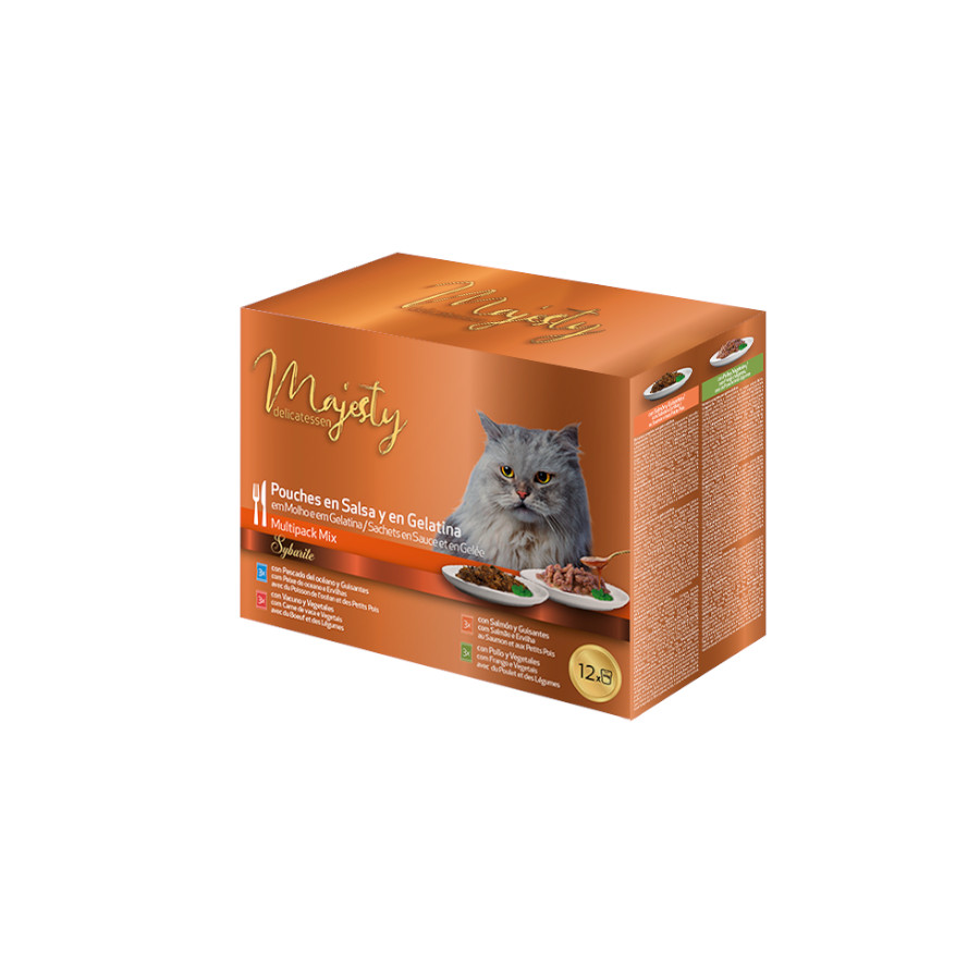 12 sobres x 100 g Majesty Multipack Sobres Gelatina y Salsa Mix Pescado y Carne para gatos