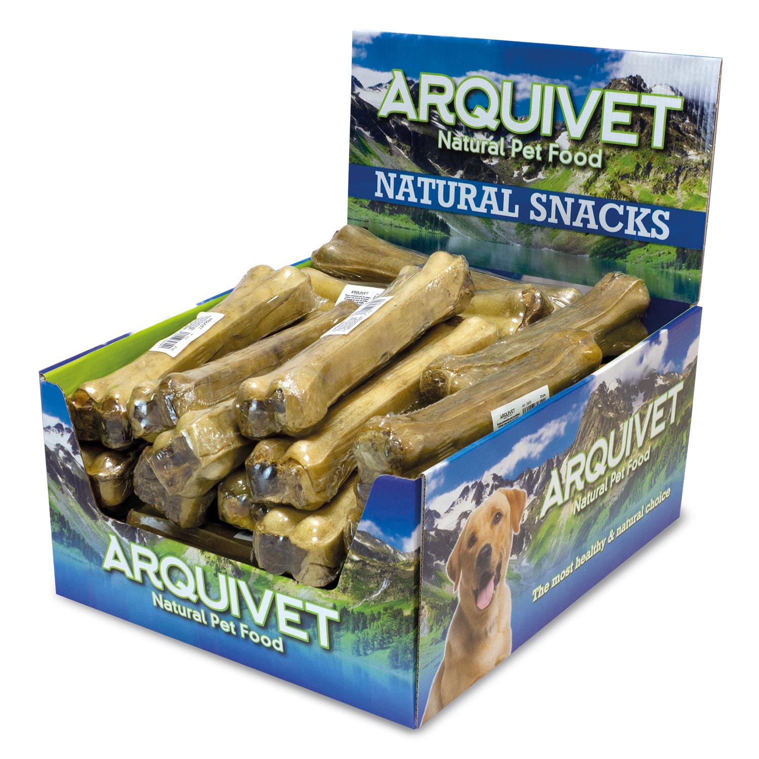 Hueso prensado piel de búfalo relleno con nervio de búfalo – 15 cm – Caja expositora de 50 unidades – 3.000 g – Snack natural para perros