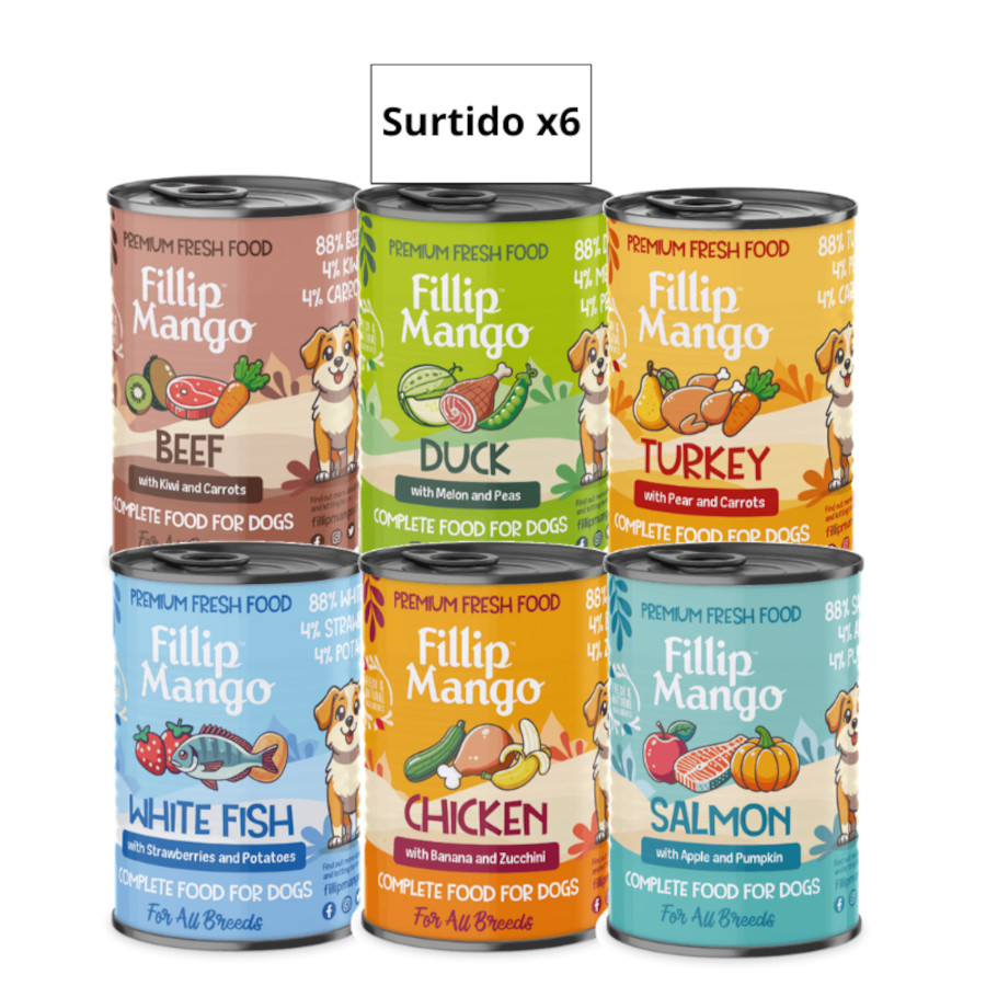 Surtido 6 latas pienso húmedo para perros Fillip Mango 400gr/ud